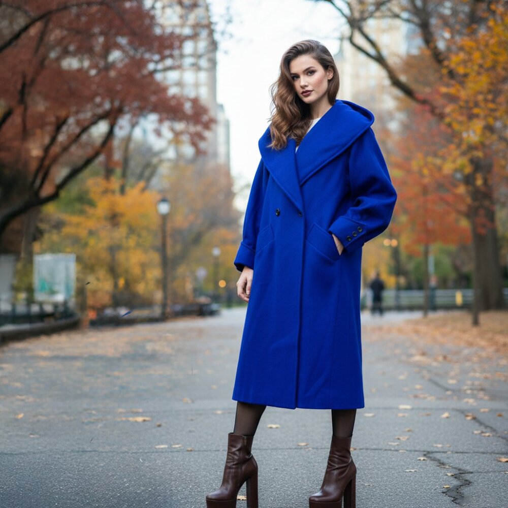 VTGβ Statement Pure Wool Purple-Blue Overcoat Long Double-Breasted Coat Fits XL
